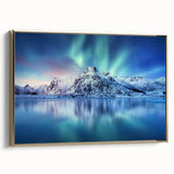 Framed canvas featuring a vintage-style landscape painting of a Norwegian scene, in muted earth tones.