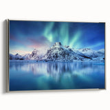 Framed canvas depicting a vintage-style landscape painting of a Norwegian scenery in muted colors.