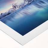 Art deco poster featuring a serene Norwegian landscape in muted blue and green tones, printed on rolled canvas.