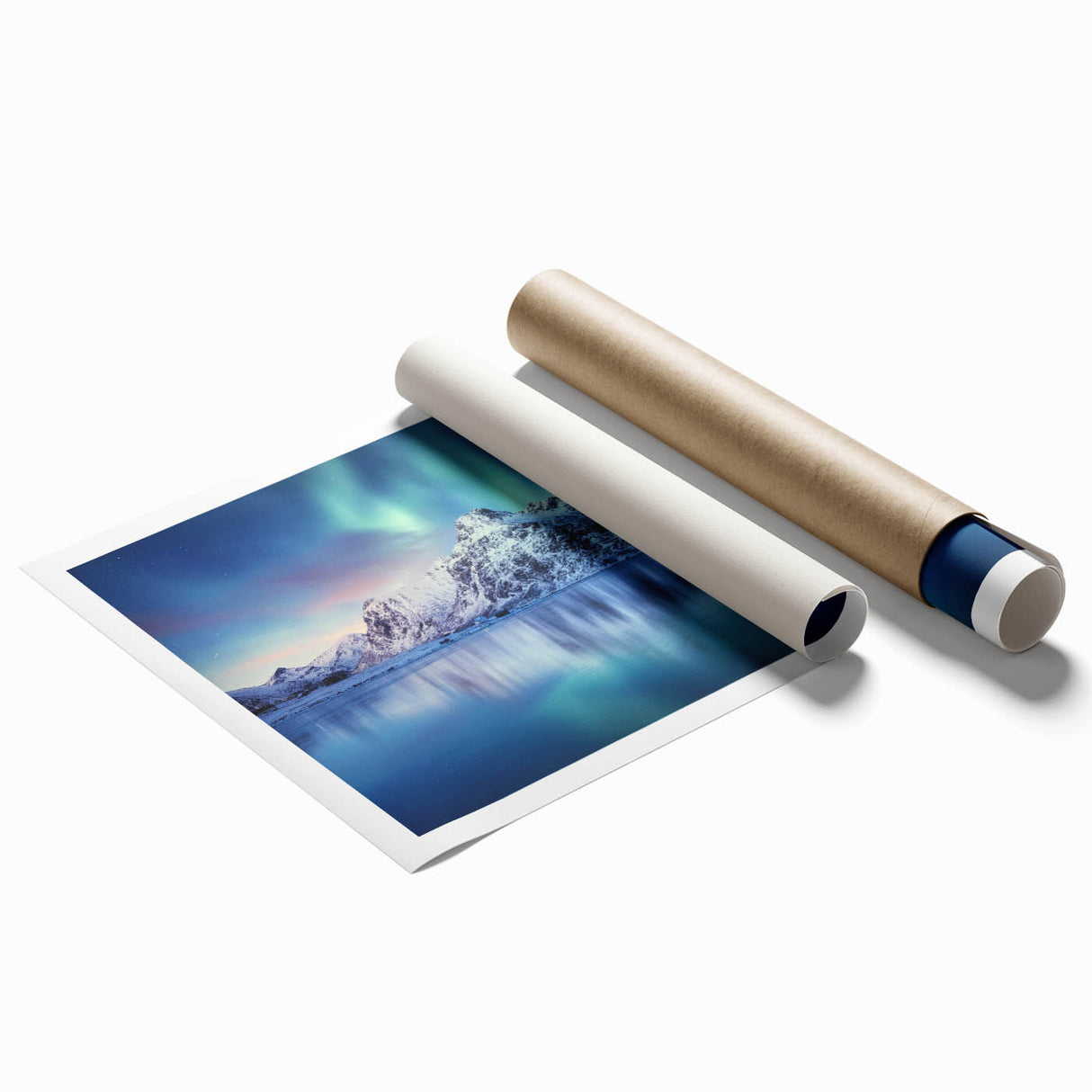 Extra large rolled print featuring a serene Norwegian landscape with muted green and blue tones.