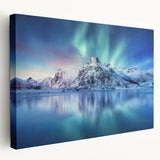 Large stretched canvas featuring a serene Norwegian landscape in muted greens and blues, suitable for kitchen wall art.