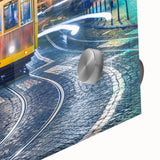 Large abstract wall art of Lisbon in mid-century modernist style, with muted colors on acrylic glass.