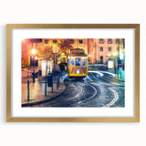 Abstract art print of Lisbon scenery in muted gold and blue tones on a framed canvas, ideal for dining room decor.