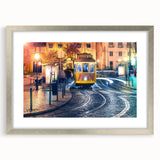 Extra large wall art of an abstract Lisbon scene in textured grays and blues, framed in silver, ideal for living room decor.