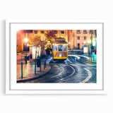 Textured abstract art print of Lisbon scenery in muted earth tones on a white framed mat, suitable for bedroom decor.