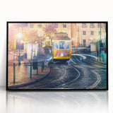 Large abstract wall art depicting Lisbon's cityscape in muted gray and blue tones, framed in black acrylic.