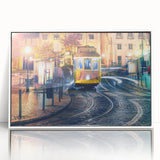 Mid-century modernist art depicting Lisbon's cityscape in acrylic, framed, with muted color tones.