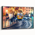 Black and white framed canvas of Lisbon landscape, vintage poster style, ideal for bedroom wall art.