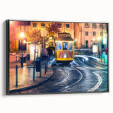 Black and white framed canvas of Lisbon landscape, vintage poster style, ideal for bedroom wall art.