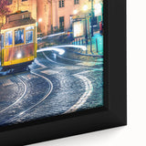 Extra large framed canvas featuring a textured depiction of Lisbon with vibrant, colorful art on a black background.