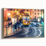 Framed canvas featuring a vintage-style Lisbon landscape in black and gold tones, ideal for bedroom wall art.