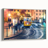 Framed canvas of Lisbon landscape in vintage style, featuring colorful art on a black background.