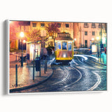 Vintage poster art of Lisbon scenery on extra large framed canvas, featuring colorful art with black accents.