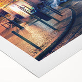 Art deco poster of Lisbon scenery in muted earth tones on rolled canvas, suitable for dining room wall art.