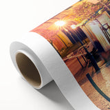 Art deco poster of Lisbon scenery on rolled canvas, featuring pastel shades, ideal for nursery wall art or dining room decor.