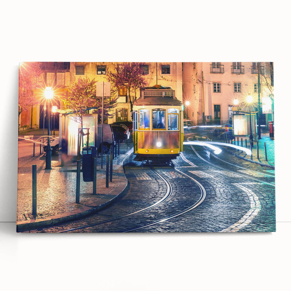 Black and white stretched canvas of Lisbon scenery, ideal for kitchen art with large format.
