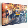 Lisbon cityscape on large stretched canvas with bold blue and white tones, suitable for kitchen wall art.