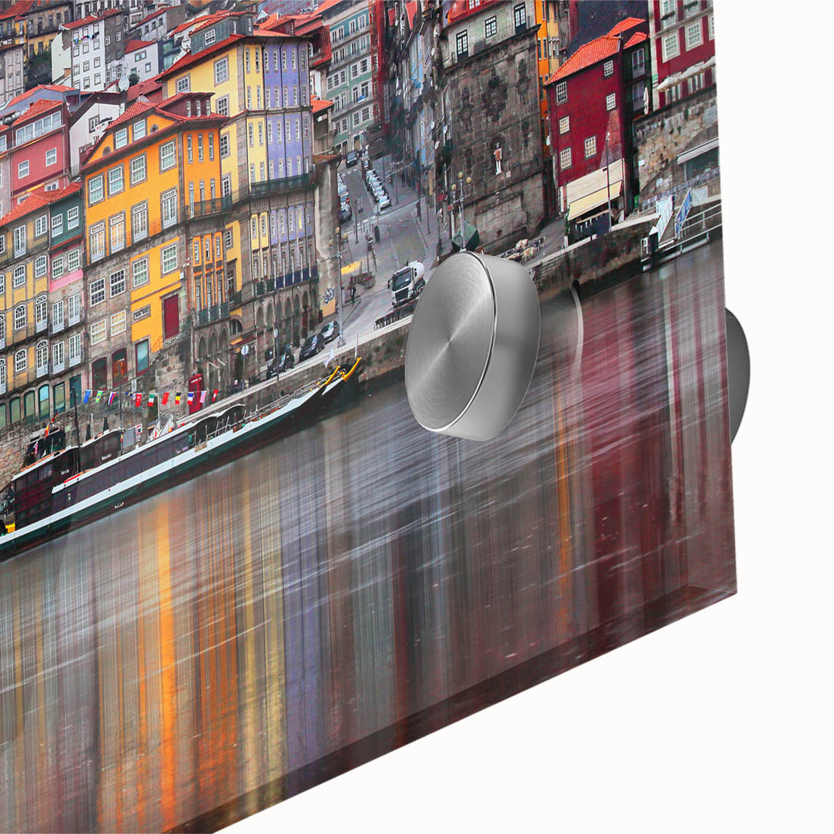 Mid-century modernist large abstract art print of Porto scenery in muted blue and orange tones on acrylic glass.
