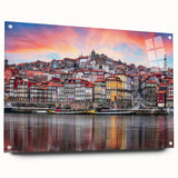 Acrylic print of a Porto, Portugal cityscape in muted blues and grays, ideal for dining room art.