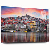 Acrylic print of large abstract wall art featuring a scenic view of Porto, Portugal, in cool blue tones.