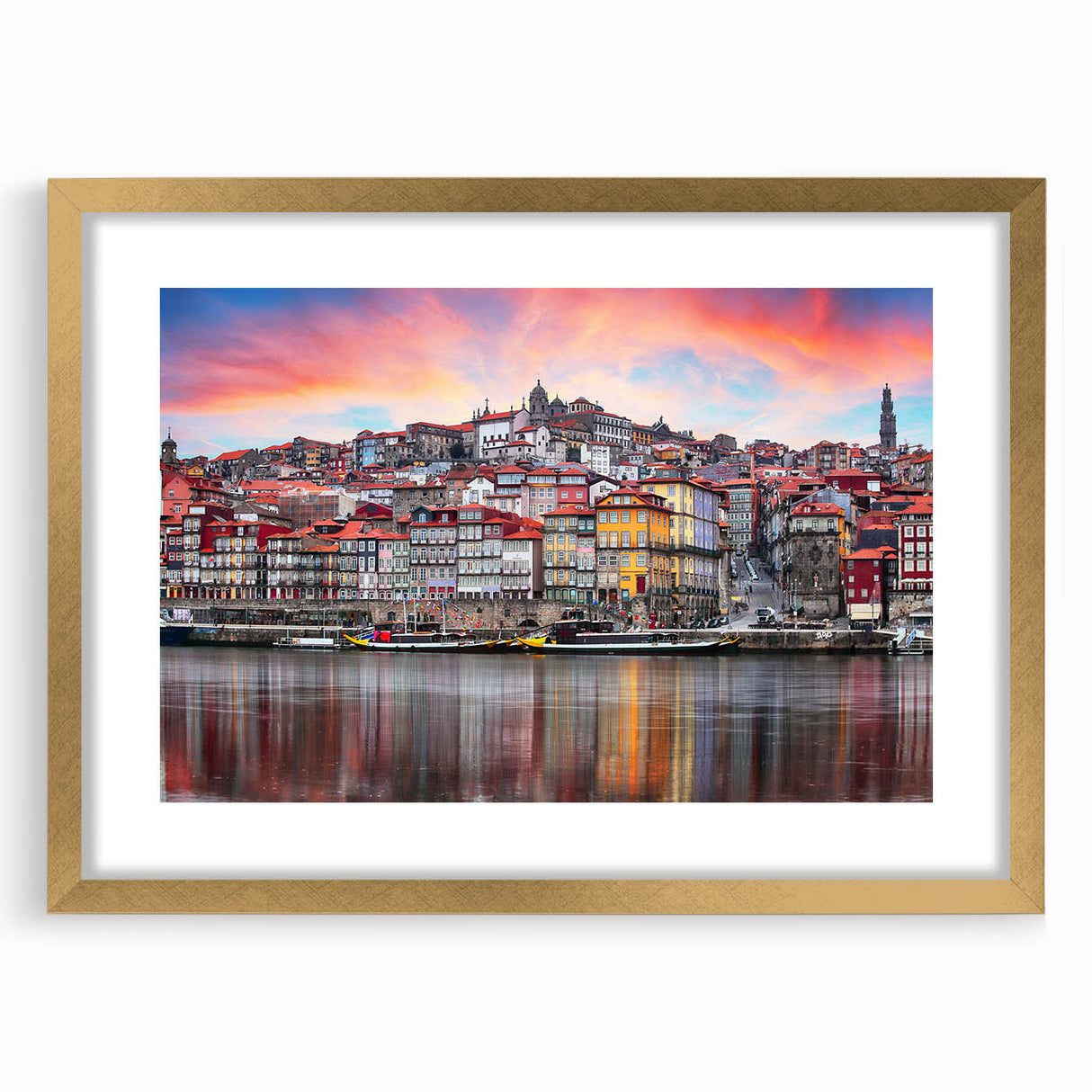 Abstract art print of Porto, Portugal in muted blue and gold tones on a framed canvas, suitable for dining room decor.