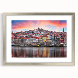 Extra large abstract art print of Porto scenery in silver frame with textured details, suitable for living room decor.