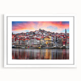 Textured art print of Porto scenery in muted blue and white tones on framed canvas, suitable for bedroom decor.