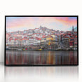 Large abstract wall art depicting a colorful Porto scenery on a black framed acrylic, ideal for modern living room decor.