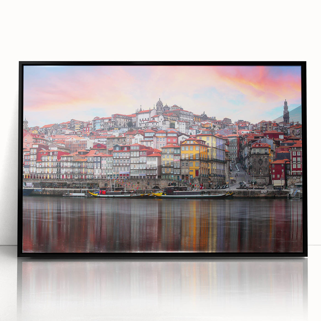 Large abstract wall art depicting a colorful Porto scenery on a black framed acrylic, ideal for modern living room decor.