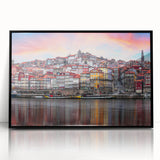 Large abstract wall art depicting a colorful Porto scenery on a black framed acrylic, ideal for modern living room decor.