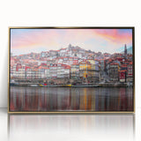 Art deco poster of Porto scenery in muted gold and blue tones on acrylic, ideal for modern art wall decor.