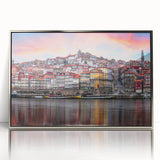 Mid-century modernist art of Porto scenery in silver-framed acrylic, featuring vibrant blue and white tones.