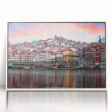 Mid-century modernist art depicting the Porto scenery in muted blue and white tones on a framed acrylic.