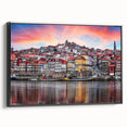 Black and white framed canvas of Porto landscape with vintage poster art style, ideal for bedroom decor.