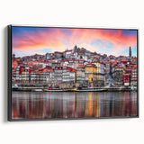 Black and white framed canvas of Porto landscape with vintage poster art style, ideal for bedroom decor.