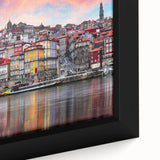 Extra large framed canvas featuring a textured portrayal of Porto, Portugal in black with vibrant color accents.