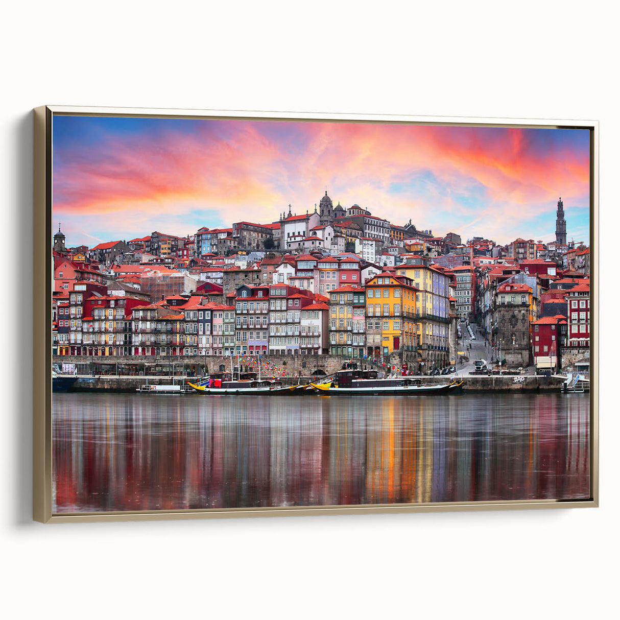 Framed canvas featuring a vintage poster art of Porto landscape in black and gold tones, ideal for bedroom decor.