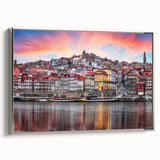 Framed canvas featuring a vintage-style landscape painting of Porto, Portugal with vibrant color accents.