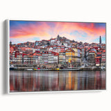 Vintage poster art of Porto, Portugal in vibrant colors on a framed canvas, ideal for living room decor.