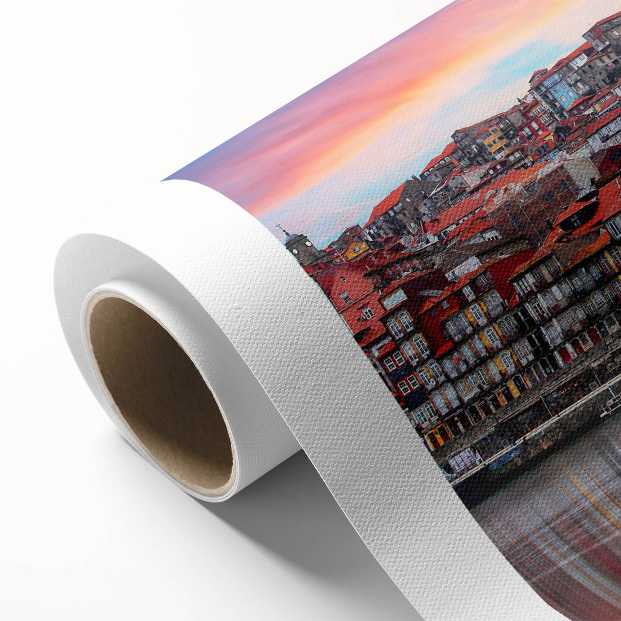 Art Deco poster of Porto, Portugal scenery in pastel shades on rolled canvas, ideal for nursery wall art.