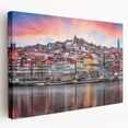 Porto, Portugal cityscape on large stretched canvas with vibrant blue and white tones, ideal for kitchen wall art.