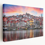 Porto, Portugal cityscape on large stretched canvas with vibrant blue and white tones, ideal for kitchen wall art.