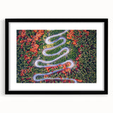 Extra large colorful abstract art print of a European scenery in Romania, textured on a black framed canvas.