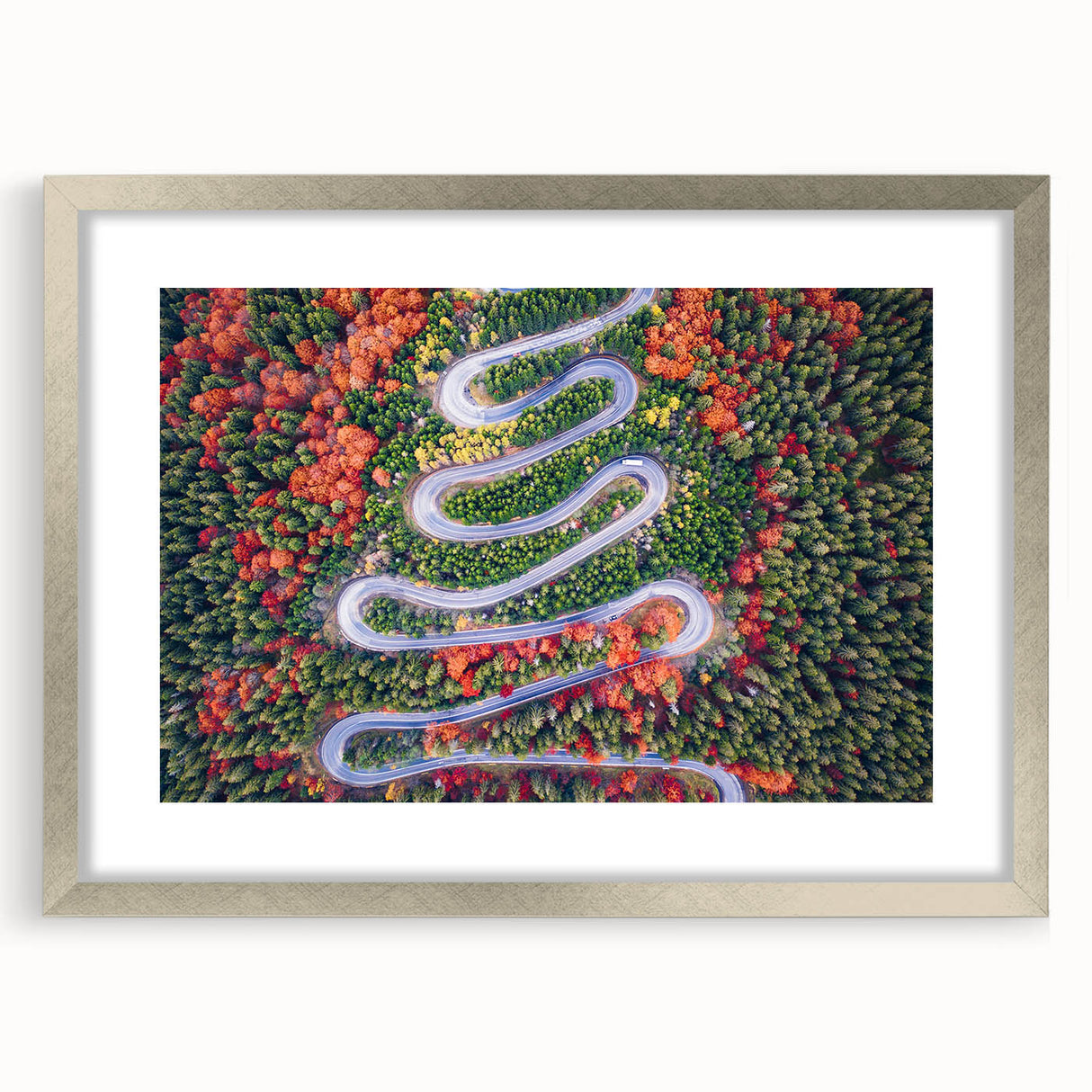 Extra large abstract art print depicting a textured European scenery in muted earth tones, framed in silver.