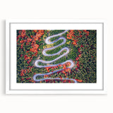 Textured abstract art print of a European scenery in Romania, featuring muted earth tones on a framed white mat.