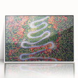 Mid-century modernist art depicting a serene Romanian landscape, framed acrylic print in muted earth tones.