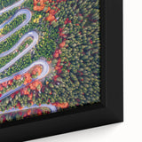 Extra large framed canvas featuring a textured depiction of a Romanian landscape in black with colorful accents.