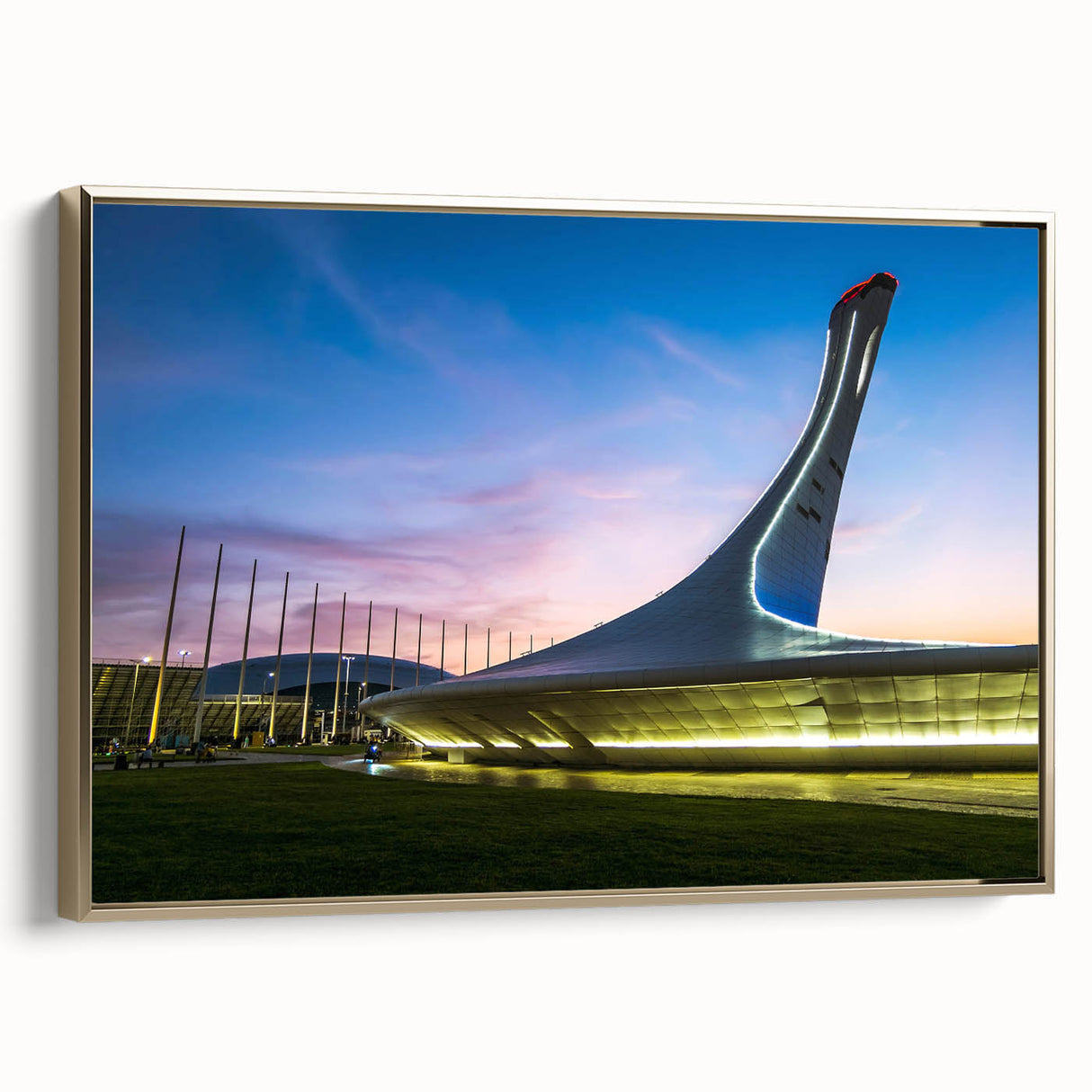 Framed canvas showing a vintage-style landscape painting of Sochi, with muted gold and black tones.
