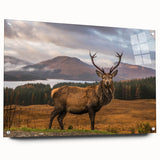 Acrylic print of a European Scottish landscape, with muted green and blue tones, ideal for dining room decor.