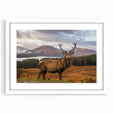 Textured abstract art print of a Scottish landscape in muted earth tones on a framed white mat, ideal for bedroom art.